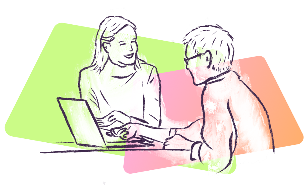A sketch of two people in conversation with a laptop off to the side, to which they are both gesturing