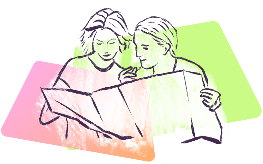 A sketch of two people studying something on a large piece of paper