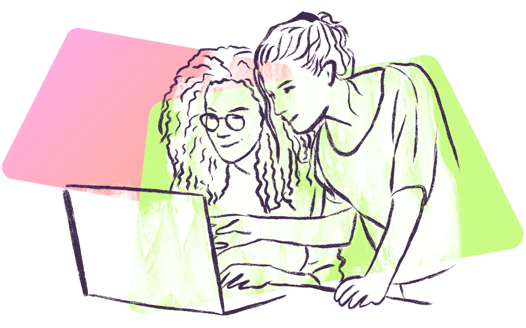 A sketch of one person working behind a laptop and another looking over their shoulder and pointing at something on the screen