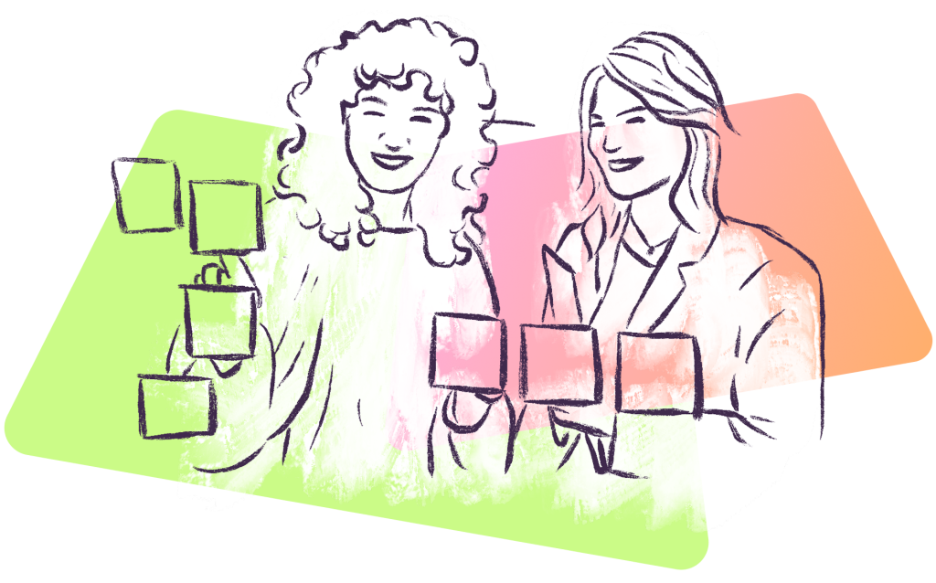 A sketch of two people interacting with various differently aligned sticky notes